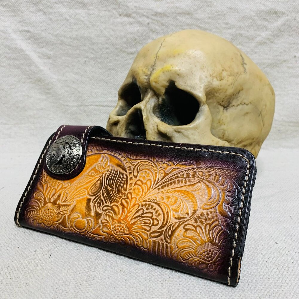 Floral Tooled Sunburst Genuine Leather Wallet with Concho Snap